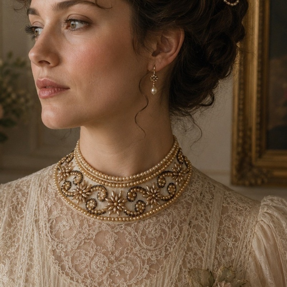 VTG Sally Gee Detachable Collar Necklace Beaded Faux Pearl Floral Cream Japan